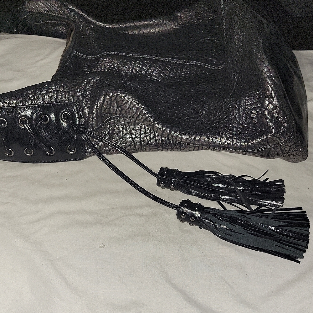 Badgley Mischka Pewter and Black Hobo Shoulder Bag